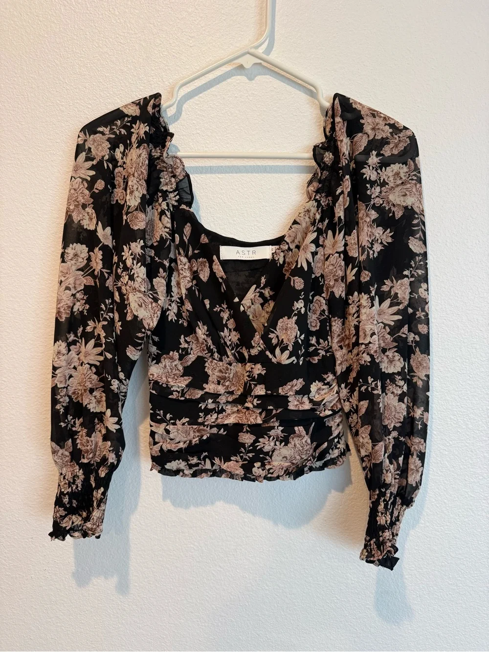 Astr Black Floral Wrap Blouse with Puff Sleeves